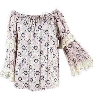 Nightcap Clothing Sz S Ivory Multi Lace Trim Double Sleeve Rayon Cotton Top